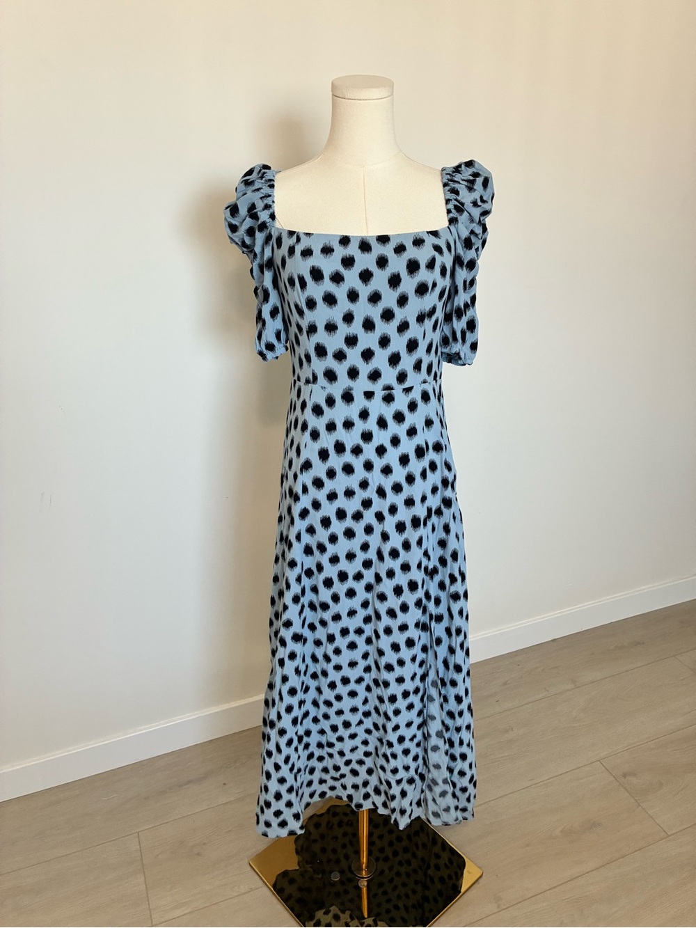 & Other Stories Light Blue and Black Spot Square-Neck Puff Sleeve Maxi Dress